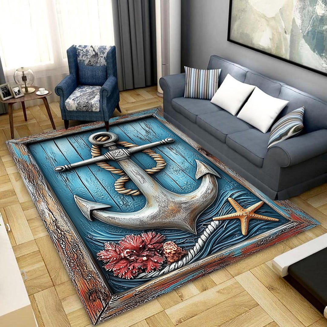 Sea Anchor Rug, Nautical Velvet Area Rug, Non-slip Cotton Base - Etsy