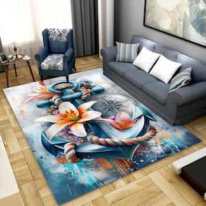 Sea Anchor Rug, Anchor Area Rug, Sailor Rug, Compass Decor, Sea Rug, Floral Anchor Rug, Compass Rug, Nautical Area Rug, Nautical Rug