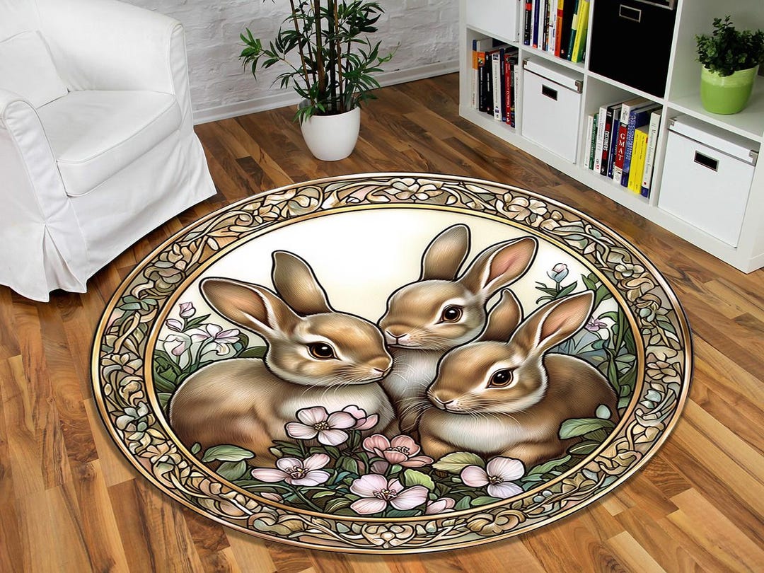Floral Rabbit Round Rug, Bunny Decor - Etsy