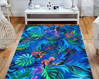 Jungle Rug,Forest Rug,Leaf Themed Rug,Nature Rug,Colorful Rug,Blue Rug,Office Room Rug,Dining Room Rug,Living Room Rug,Area Rug,Non Slip rug