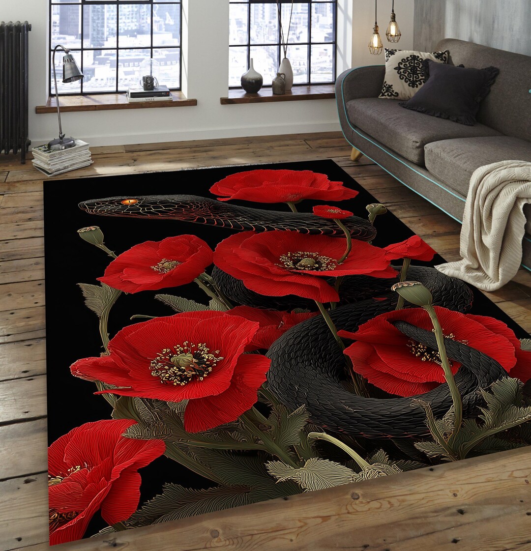 Skunk Rug Floral Snake Area Rug, Black Velvet Accent Rug - Etsy