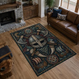 Può includere: Un tappeto rettangolare con un elmo vichingo centrale e asce incrociate, circondato da scudi circolari, corni potori e navi vichinghe. Il design incorpora intricati motivi a intreccio in tonalità blu, marrone e crema.