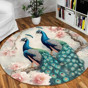 Peacock Rug, Floral Peacock Rug, Peacock Round Rug, Peacock Area Rug, Round Animal Rug, Animal Themed Rug, Peacock Carpet, Peacock Decor