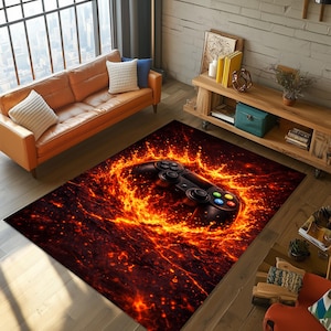 Gaming Controller Fire Rug, Lava Game Room Area Rug, Joystick Non-Slip Carpet