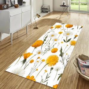 Floral Runner Rug, Minimalist Floral Rug, Flower Rug, Dandelion Area Rug, Yellow Floral Rug, Flower Themed Rug, Plants Rug, Dandelion Runner