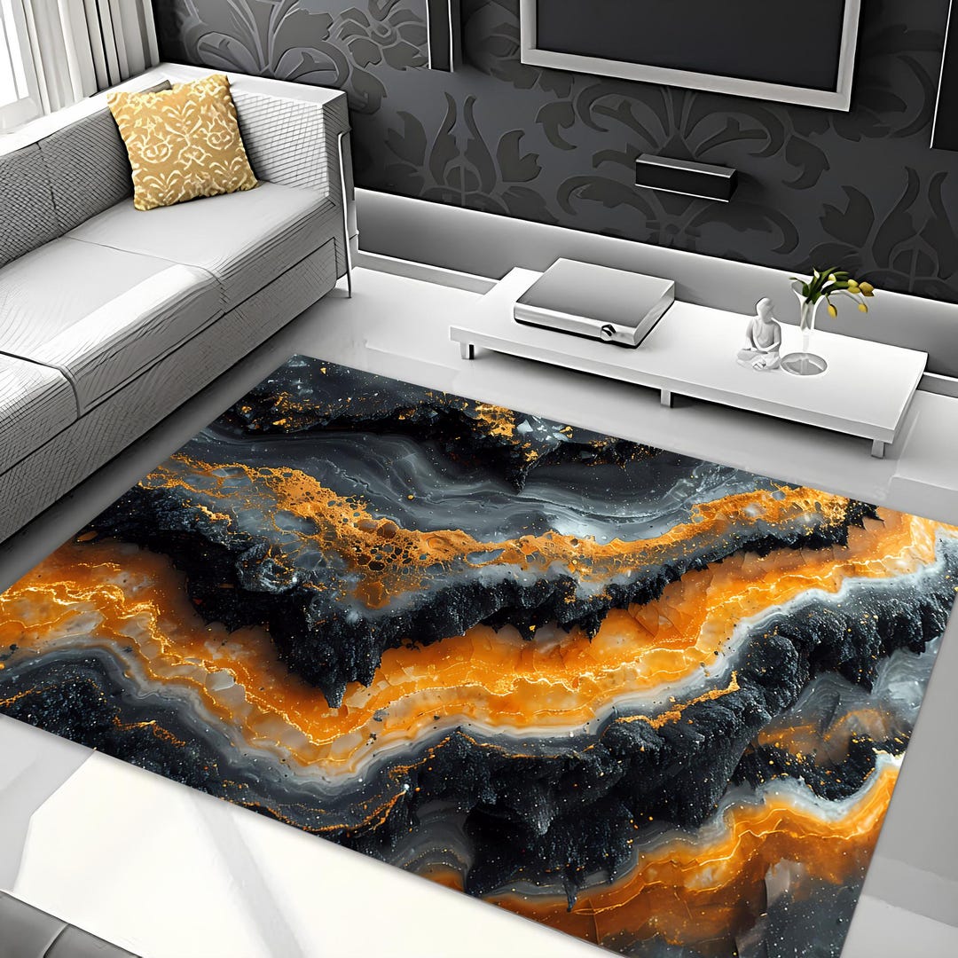 Black Marble Area Rug, Gold Veins, 3D Print - Etsy