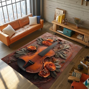 Violin Rug, Floral Violin Rug, Old Look Violin Rug, Instrument Rug, Music Themed Rug, Violin Patterned Rug, Violin Decor Rug, Violin Carpet