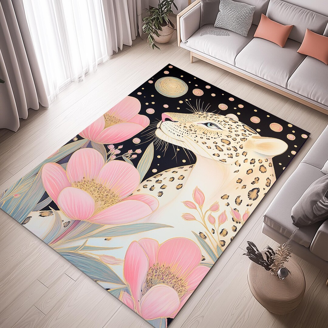 Floral Leopard Area Rug, Modern Animal Print Carpet - Etsy