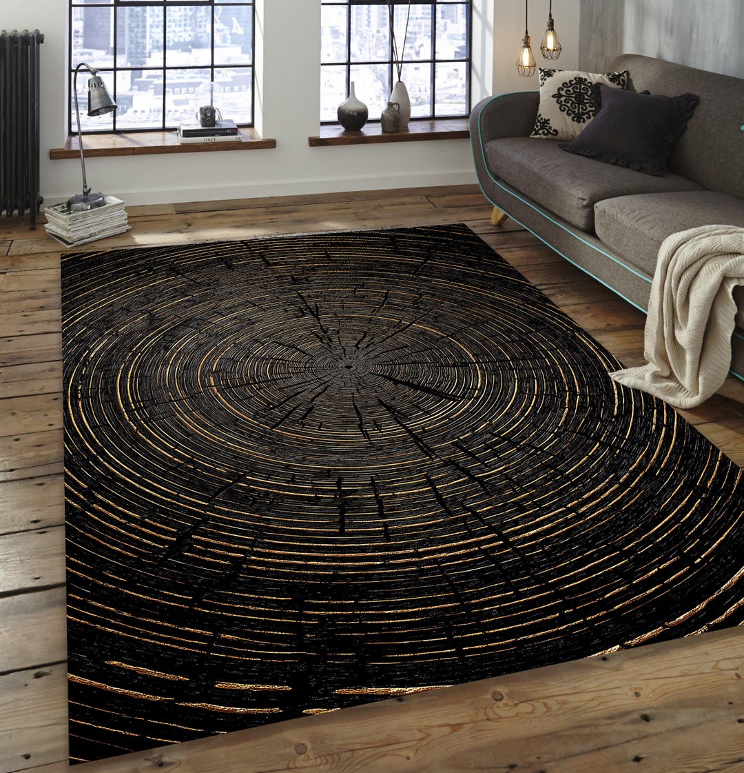 Tree Ring Texture Rug, Black Wood Grain Area Carpet, Non-slip Velvet ...