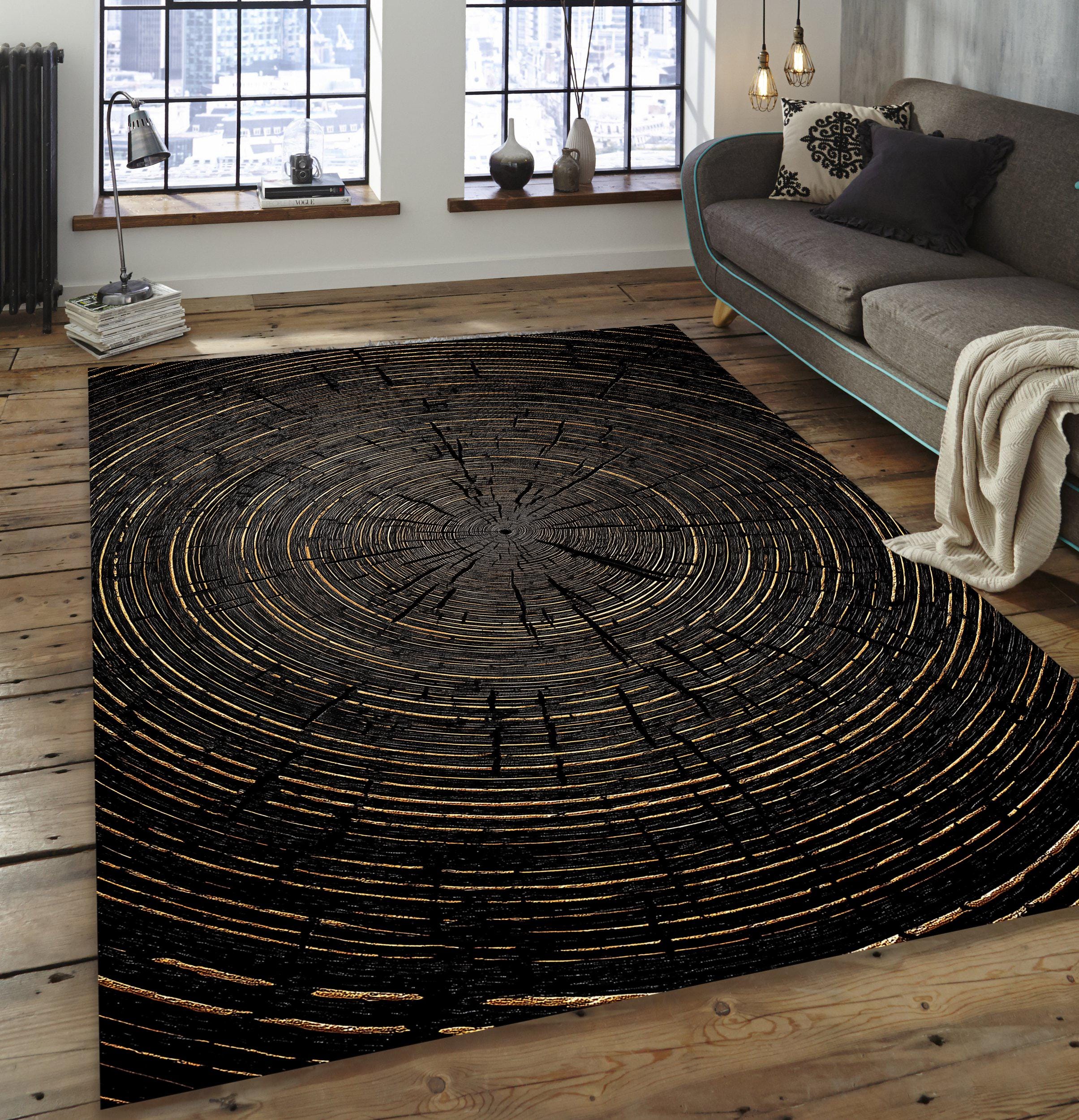 Round Tree Ring Rug Tree Ring Texture Rug, Black Wood Grain Area Carpet, Non-slip Velvet ...