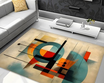 May include: Abstract geometric rug with a beige background, featuring overlapping circles and squares in shades of blue, orange, red, and black.