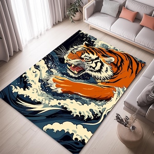 Tiger Rug, Tiger Area Rug, Japanese Rug, Wave Rug, Japan Themed Rug, Tiger Design Rug, Big Cat Rug, Tiger Patterned Rug, Animal Rug