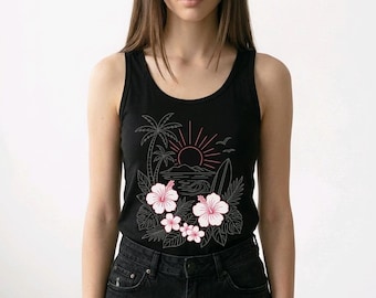 Tropical Sunset Line Art Tank Top | Pink Gray Beach Aesthetic | Minimal Summer Vacation Shirt - Ladies Tank Top