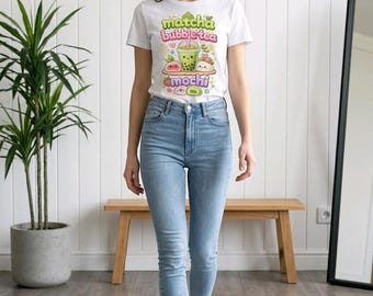 Matcha Bubble Tea Mochi T Shirt Girls Women Style Trend - Fitted Ladies Organic Shirt