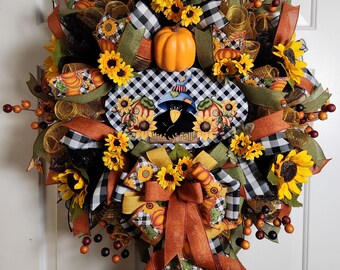 Happy Fall Sunflowers and Crow Wreath, Autumn Wall/Door Decor, Fall Wall/Door Decor, Sunflower Decor, Primitive Decor, Mantle Decor