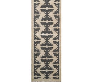 Handwoven Jute Wool Runner Rug: Geometric Kilim Design