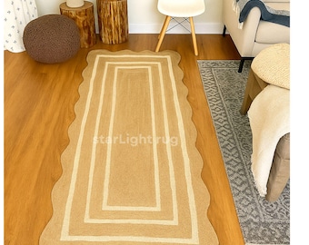 Alfombra de yute trenzada a mano: alfombra bohemia festoneada