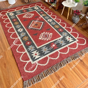 Cotton Red And White Handmade Rug, Handwoven Modern Flatweave Area Rug For Indoor and Outdoor, 5X8 Kilim Woven Cotton Rug For Bedroom