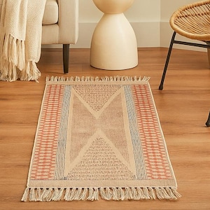 Indian Dhurrie | Hand Block printed Floor Rug, Handmade Rug, Indian Dhurrie rug, Cotton Rug, Area Rug, Aztec Rug