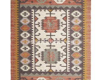 Hand Braided Wool and Jute Rug: Traditional Indian Kilim Dhurrie