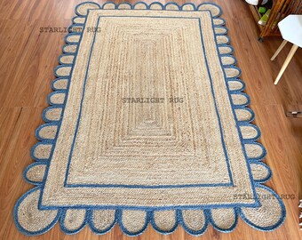 Scalloped Jute Rug: Light Blue Boho Handmade Area Rug