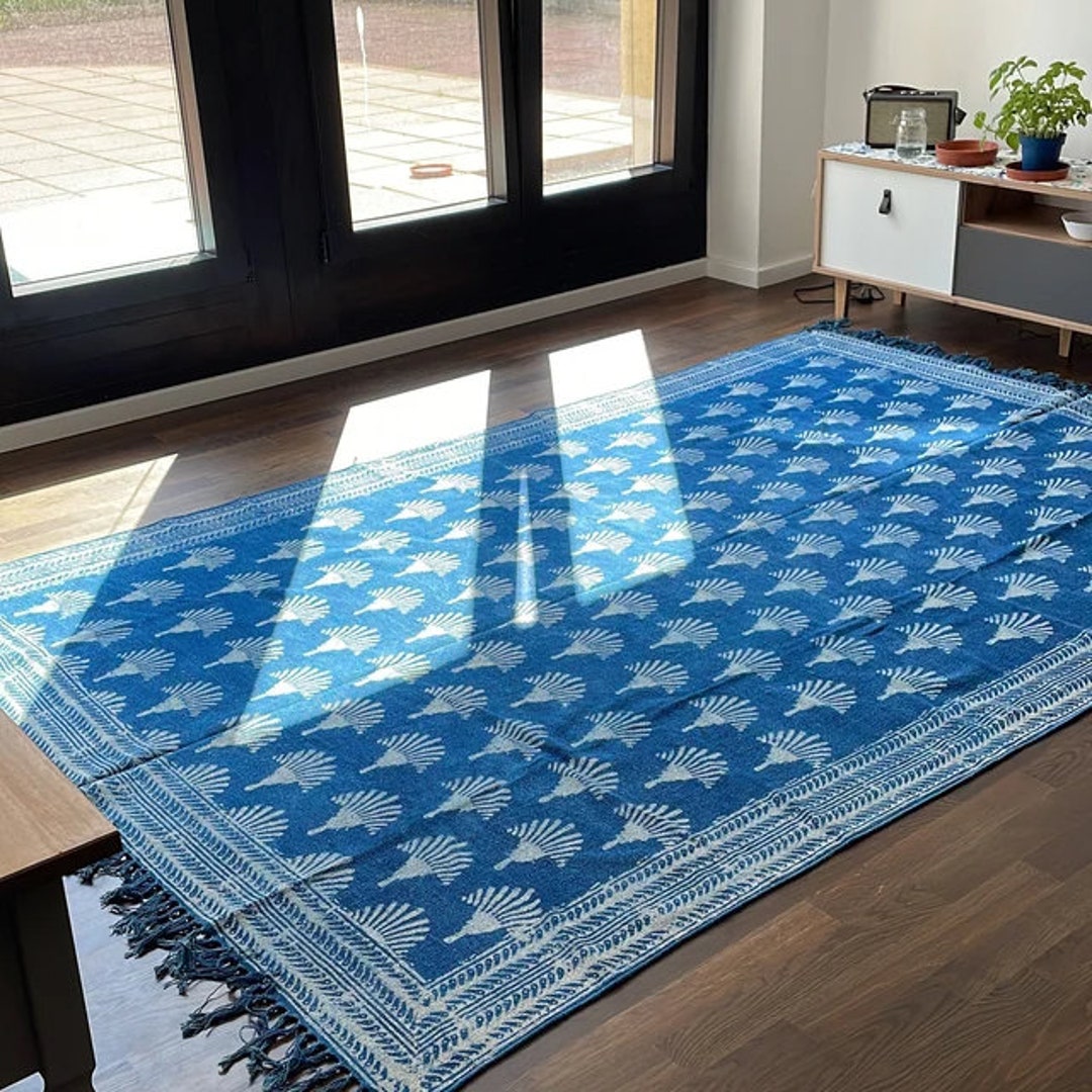 Hand Block Print Rug Indian Dhurrie Rug Bohemian Cotton Rug Floral ...