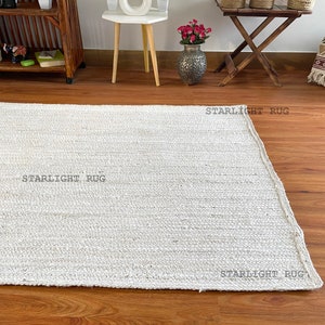 Indian Handmade Solid Natural White Jute Braided Rug Custom Size Living Room Rug Warm Vintage Rug Rectangle Jute Carpet Turkish Boho Rug
