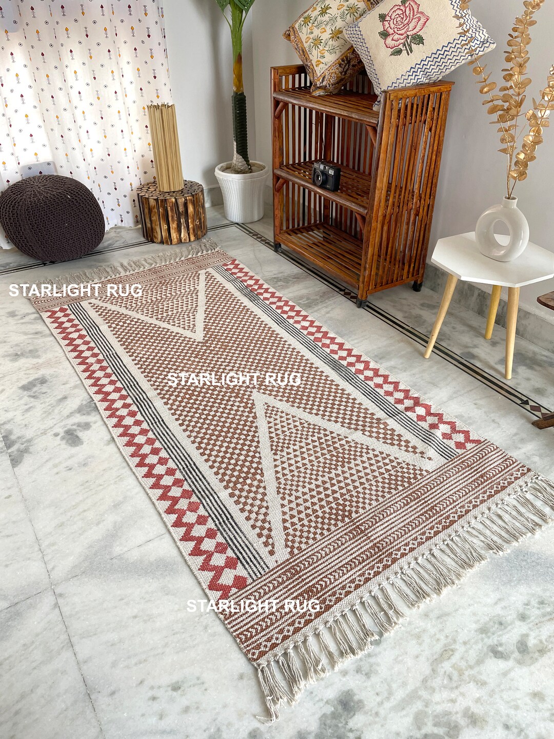 Hand Loomed Cotton Rug Runner: Block Print Boho Area Rug - Etsy