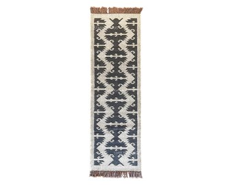 Handwoven Jute Wool Runner Rug: Geometric Kilim Style