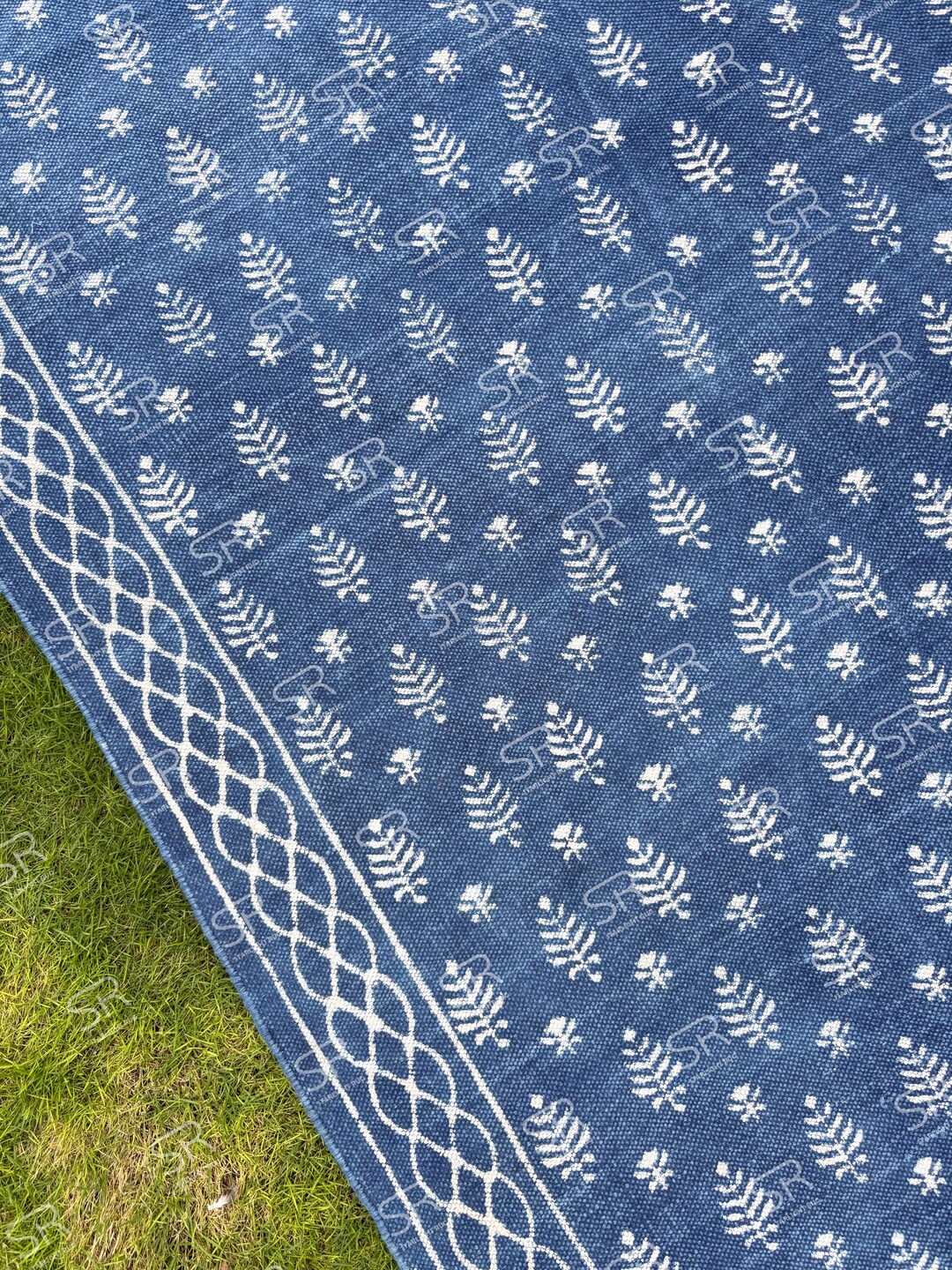 Hand Block Print Cotton Rug: Bohemian Woven Area Rug Indigo Blue ...