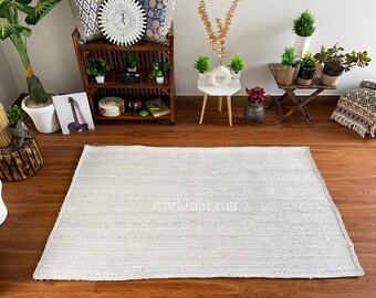 Handwoven Boho Jute Rug: 8x10 ft Natural White Indian Rug