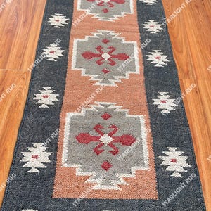 Handwoven Wool Jute Kilim Runner: Bohemian Stair Hallway Rug