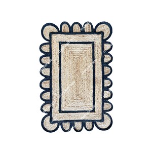 Square Scalloped Jute Rug, Square Jute Rug, White Scalloped Edge Rug, Custom Jute Scallop Rug, Hand braided Scallop Rug, Handwoven Jute Rug