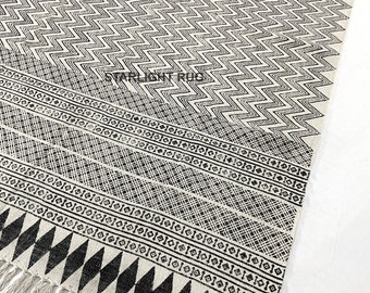 Hand Block Print Cotton Rug: Bohemian Kilim Style Runner