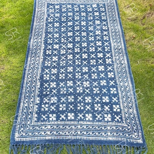 kitchen dining room floor rug Indian hand block printed cotton dhurrie Outdoor geometric garden beach rug kilim carpet 4x6 6x9 5x8 feet rug
