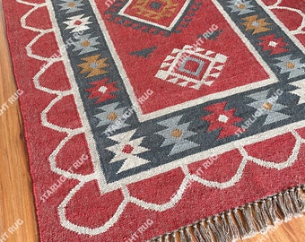 Kitchen mat kilim rug : Handmade Red geometric pattern wool jute carpet, Modern Home carpet for living room, Vintage boho custom size rugs