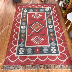 Handmade Navajo Kilim Rug, Aztec Rug, Accent Rug, Outdoor Rug/Indoor Rug, Living/Dinning Room 4X6 Ft. Wool Jute Kilim Rug, Indian DhurrieRug