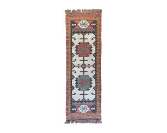 Handwoven Jute Wool Runner Rug: Geometric Kilim Style