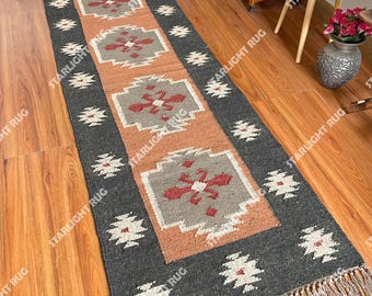 Handwoven Wool Jute Kilim Rug: Traditional Indian Dhurrie