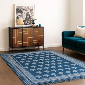 Indian Handmade Cotton Rug, Handwoven Block Print Boho Carpet, Natural Floor Decor for Living Room, Entryway, Bedroom Accent Washable Rug