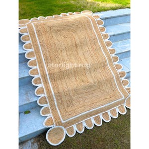 Natural Scalloped Off White Jute Rug | Scalloped Pattern Rug | Natural Jute Rug | Handbraided Rug | Area Rug | Handwoven Jute Rug Custom Rug