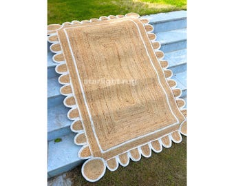 Hand Braided Scalloped Jute Rug: Natural Off White Area Rug