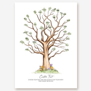 May include: A watercolor illustration of a tree with green leaves and brown branches. The tree is surrounded by green grass and flowers. The names of people are written on the leaves and branches of the tree. The text at the bottom of the image reads "Custom Text Choose your font, size and color to suit your event. Tree cannot be edited."