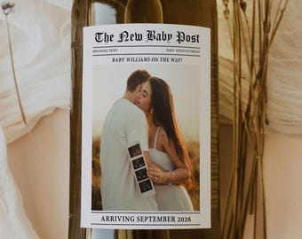 Newspaper Pregnancy Announcement Wine Label Template - Newspaper Baby Announcement, Pregnancy announcement newspaper, Newspaper baby shower