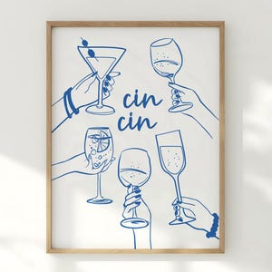 Cin Cin Cheers ART PRINT druckbare Kunst - Retro Cocktail Poster, blauer Wein Illustration, Barwagen Dekor, italienische Hausbar Geschenk - zum sofortigen Download
