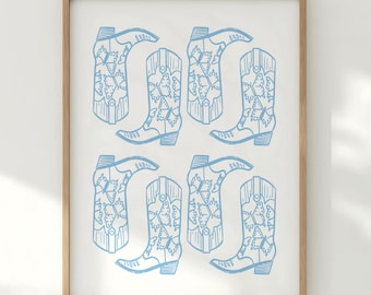 Blue Cowboy Boots Art Print - Western Room Decor for Girls, Girly Wall Art, Cowboy Wall Art, Printable Poster for Dorm or Bedroom, DIGITAL