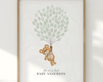 Gender Neutral Baby Shower Fingerprint Guest Book – Editable Teddy Bear Guestbook Alternative, Unisex Nursery Keepsake, Baby Memory Book