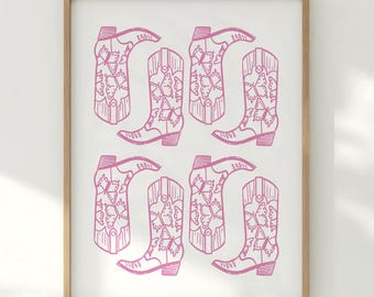 Cowgirl Boot Art Print Pink- Western Room Decor for Girls, Girly Wall Art, Cowgirl Wall Art, Printable Poster for Dorm or Bedroom, DIGITAL