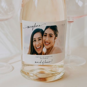 Plantilla editable de etiqueta de champán &quot;¿Serás mi dama de honor?&quot;, propuesta de dama de honor con foto, regalo para dama de honor, regalos para propuesta de dama de honor