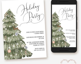 Może przedstawiać: Cyfrowe zaproszenie na świąteczne przyjęcie z akwarelową ilustracją ozdobionej choinki. Zaproszenie zawiera tekst "Holiday Party", "Join us for light bites + good times", "Saturday, December 18 at 6 PM", "At the Anderson Home 1234 Name of Street Name of Town", oraz "RSVP Amelia on 123-123-1234".